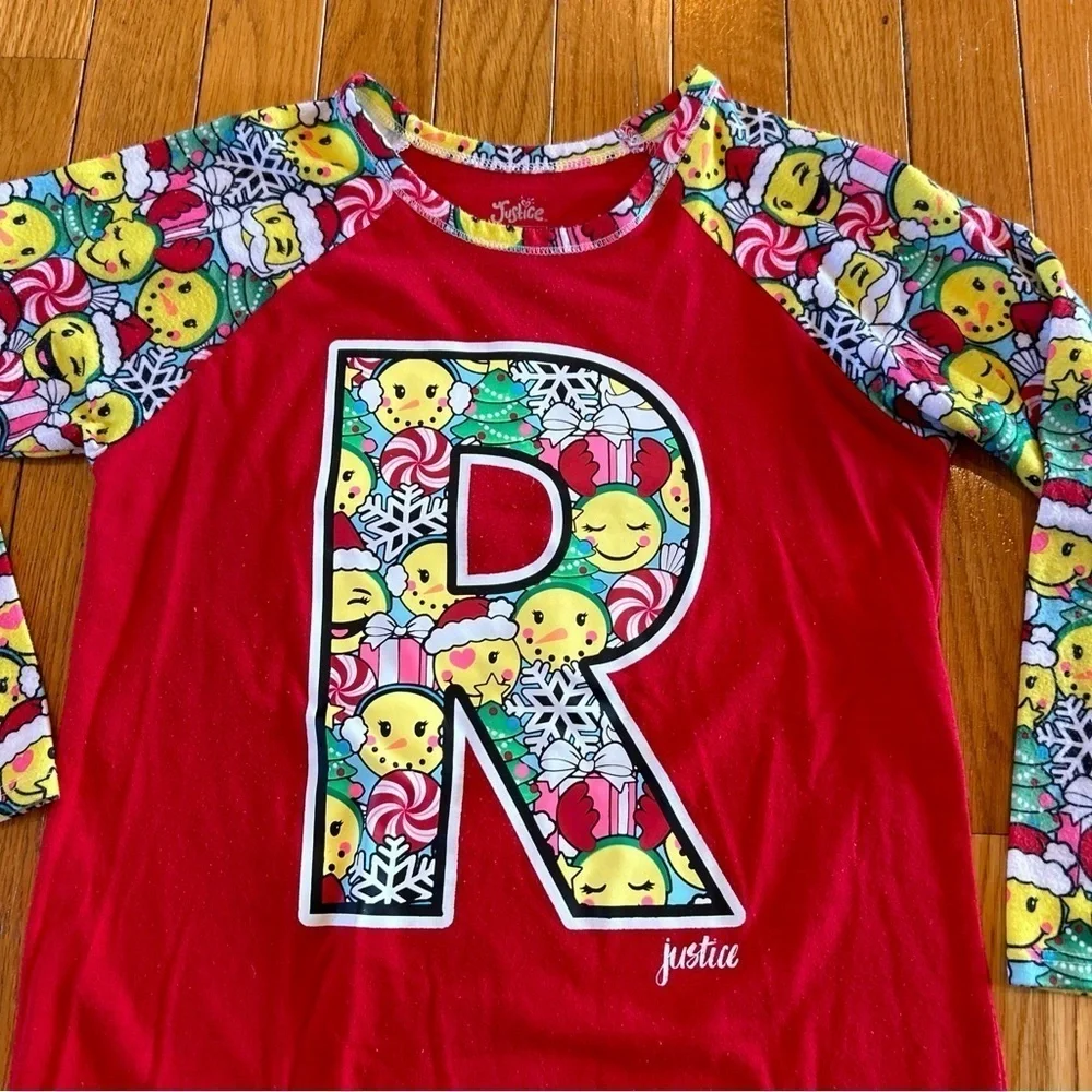 Justice Christmas Emoji Initial Letter “R” Sleep Shirt Nightgown Girl Size 6/7